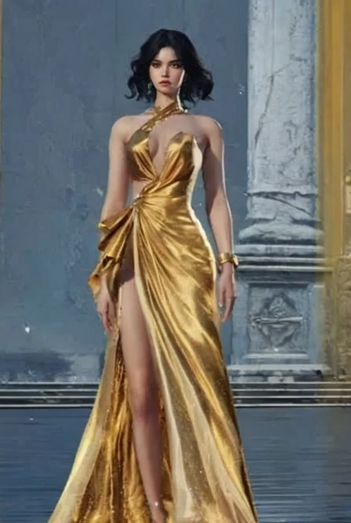 Yennefer, full body, long_hair, amazing hair, gorgeous, cleavage, golden dress, hot girl, makeup, (masterpiece), best quality, high resolution, extremely detailed, depth of field, cinematic lighting.