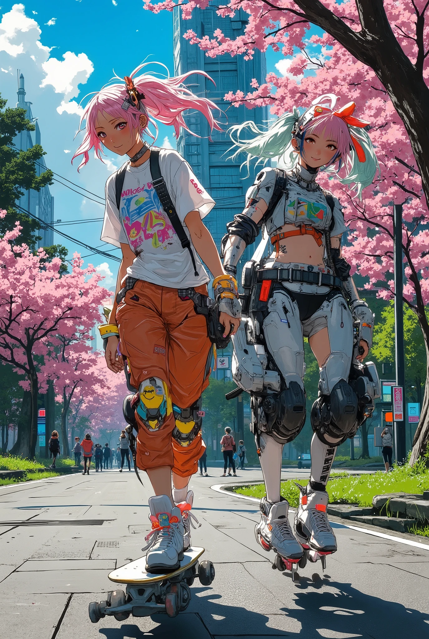 A very cheerful and kawaii Japanese girl (13-) in a bright Harajuku style is having fun skateboarding in a summer park, holding hands with her robot friend. Her look is bold and trendy: pink or multicolored dreadlocks/tails, neon accessories (large clips, bracelets, stretches), an oversized T-shirt with an anime print, a plaid miniskirt or baggy pants, high-top sneakers with bright laces. The skateboard is painted in the kawaii style (rainbows, hearts, anime characters).Her cyborg robot friend rolls next to the girl on roller skates integrated into mechanical legs. Sunny Japanese park background: cherry trees, green grass, blue sky with fluffy clouds. In the background, friends are in the same style, photographing her on their phones, or street food corners with taiyaki (waffle fish). The movement is dynamic: The girl is smiling, Her hair is flying, the wheels of the skate are slightly blurred (speed effect). Style: anime realism or semi-realism with saturated colors (Neon, pastel patch), an emphasis on the details of clothing and an atmosphere of carefree fun. Light highlights and a glitch art effect are possible for a modern atmosphere.