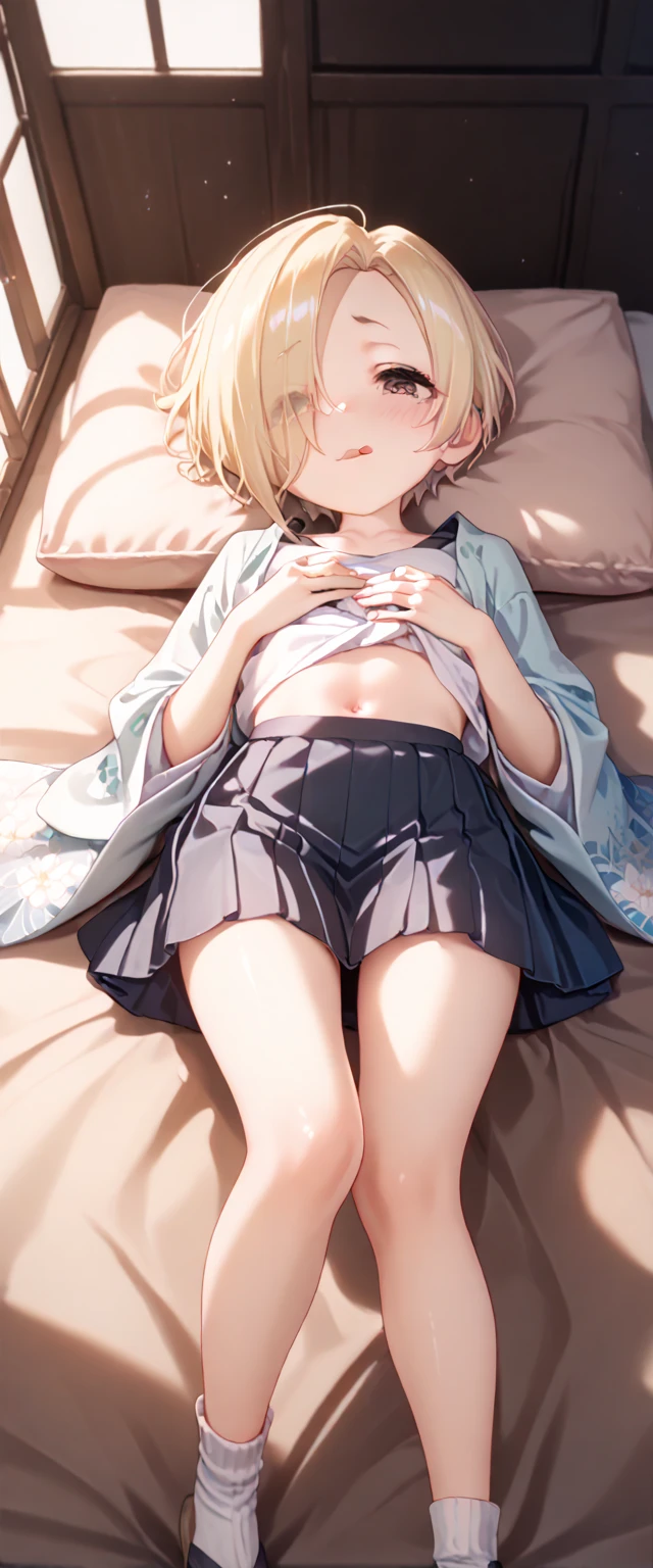 (from below:1.3)、skinny、Thin legs、Bobcut, Blonde、short hair,  blouse、Pencil Skirt,(Sit at a desk:1.2), looking at viewer,Indoor rest, Asahi, White light, (Tabletop:1.2), Highest quality, High resolution, unity 8k wallpaper, (Beautiful attention to detail:1.6), Highly detailed face, Perfect lighting, Highly detailed CG, (Perfect hands, Perfect Anatomy),Spread your legs、White sheer panties、Hands on chest、Fingering pussy、Bra is visible、Close ~ eyes、Open your mouth、(Water seeps through panties:1.3)、Water running down your legs、Love juice from the bottom of the panties