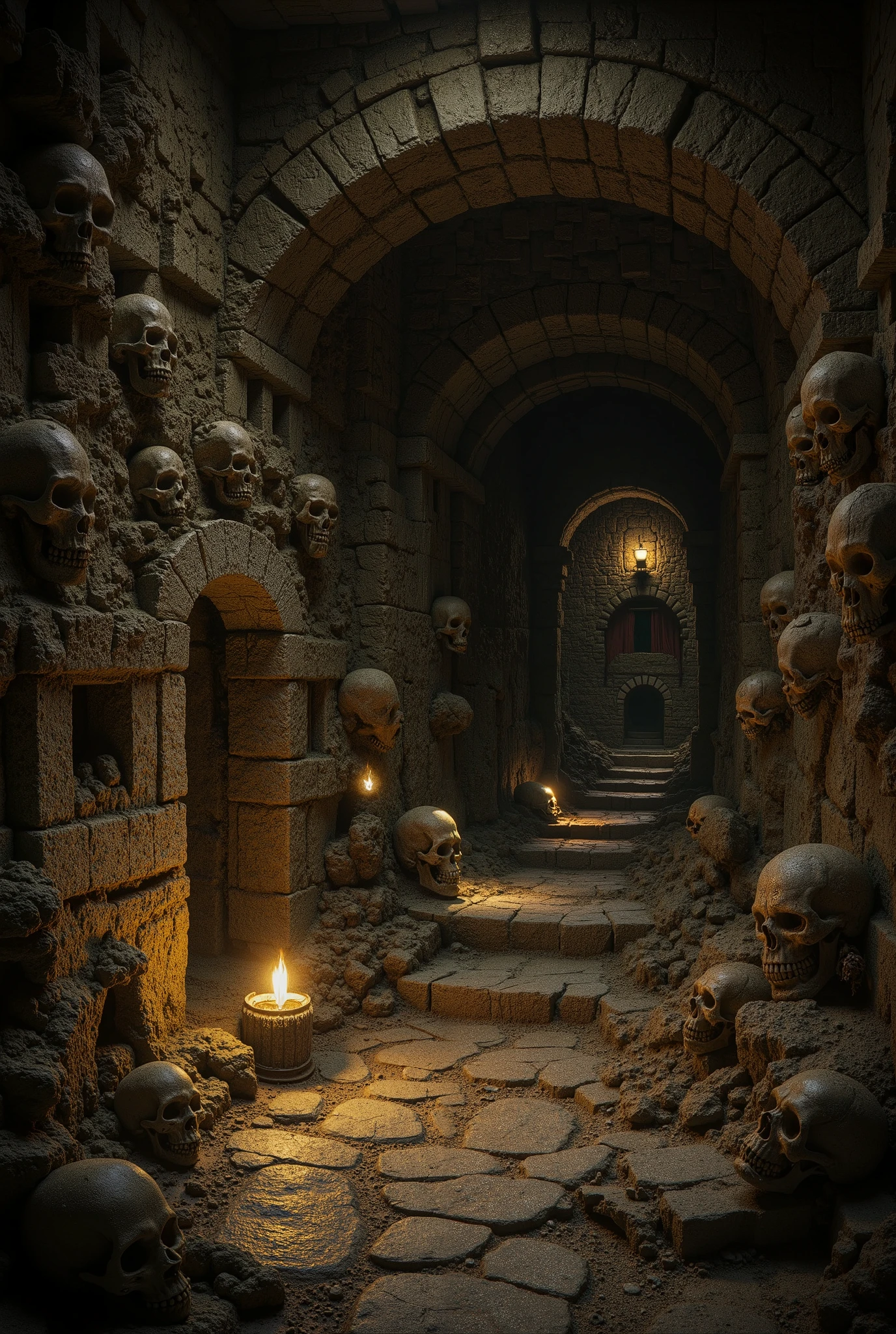 cave corridor with torch lighting and several skulls on the wall.