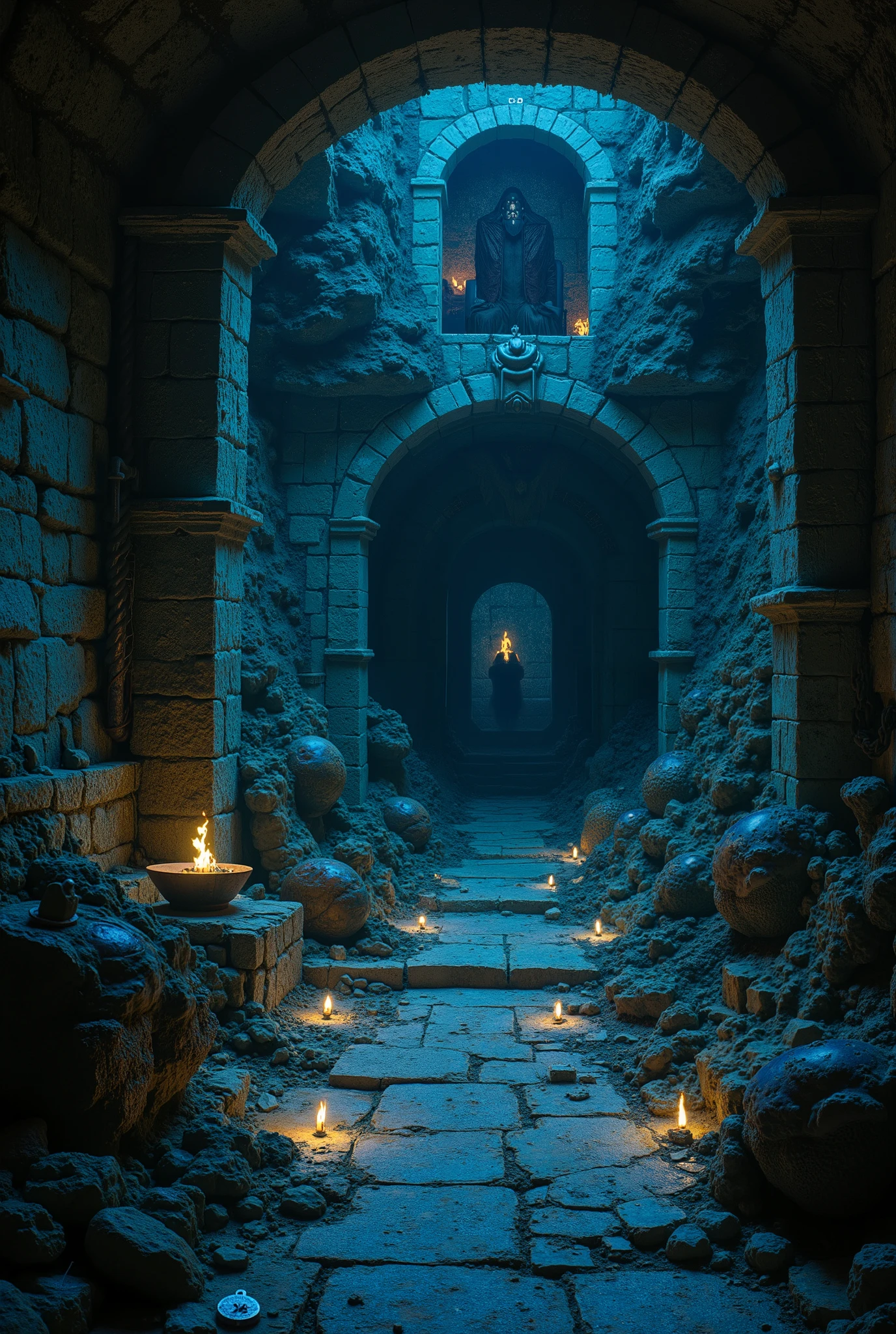 corridor inside the earth, a dungeon with blue lighting with blue flames and various macabre paraphernalia. Unholy hideout.
