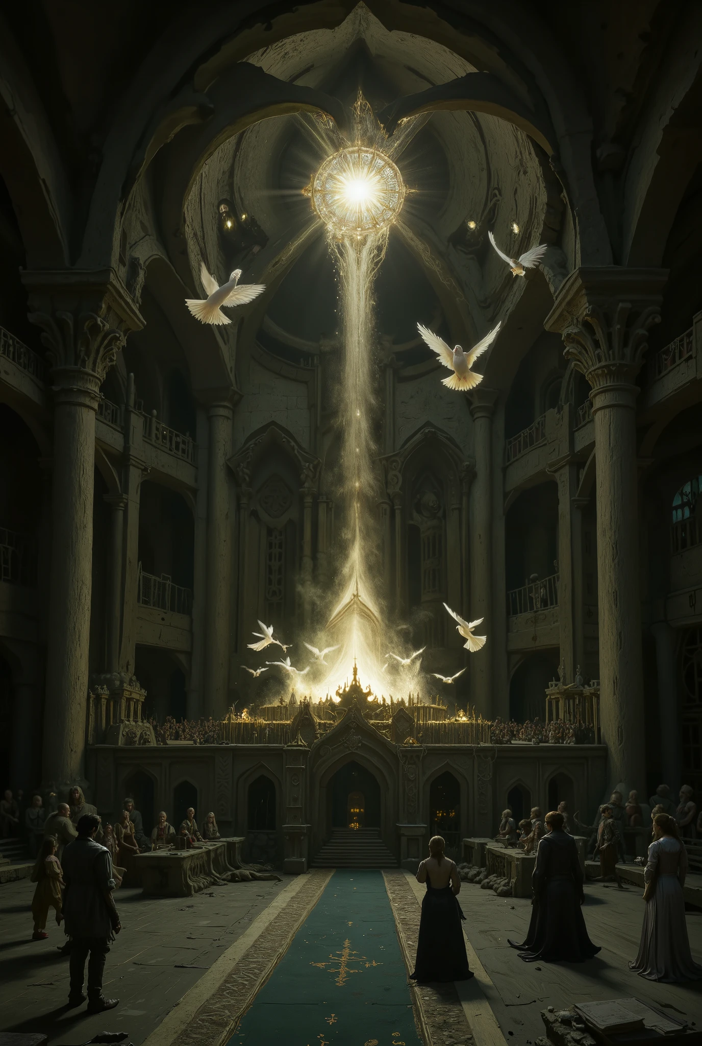 an rpg group inside the final boss room facing a celestial bishop flying in the center of the room with a magic barrier around him and white doves flying.