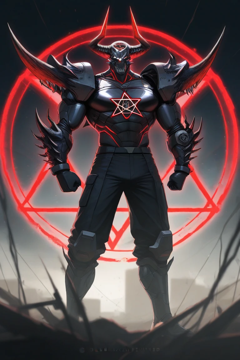 masterpiece, hyper-realism, vivid red pentagram on the chest, dark background, dramatic lighting, intense shadows)