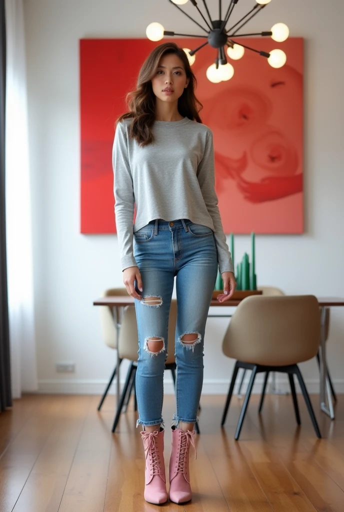 Hot blonde 40 year old woman standing in living room wearing grey sweatshirt and black shorts and short white socks and fussy brown uggs
