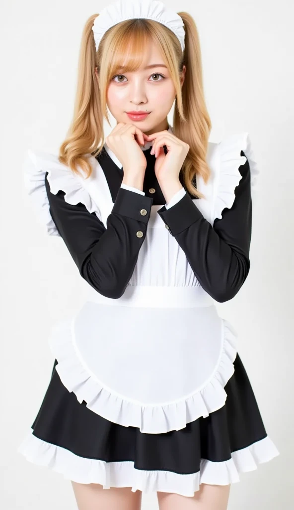 There's a beautiful young European woman in a dress with a white collar and white trim, cosplay catboy! the maid! dress, maid dress, maid outfit, maid costume, maid, long dress with apron! loli, dressed in maid uniform, anime girl in maid costume,  gorgeous maid