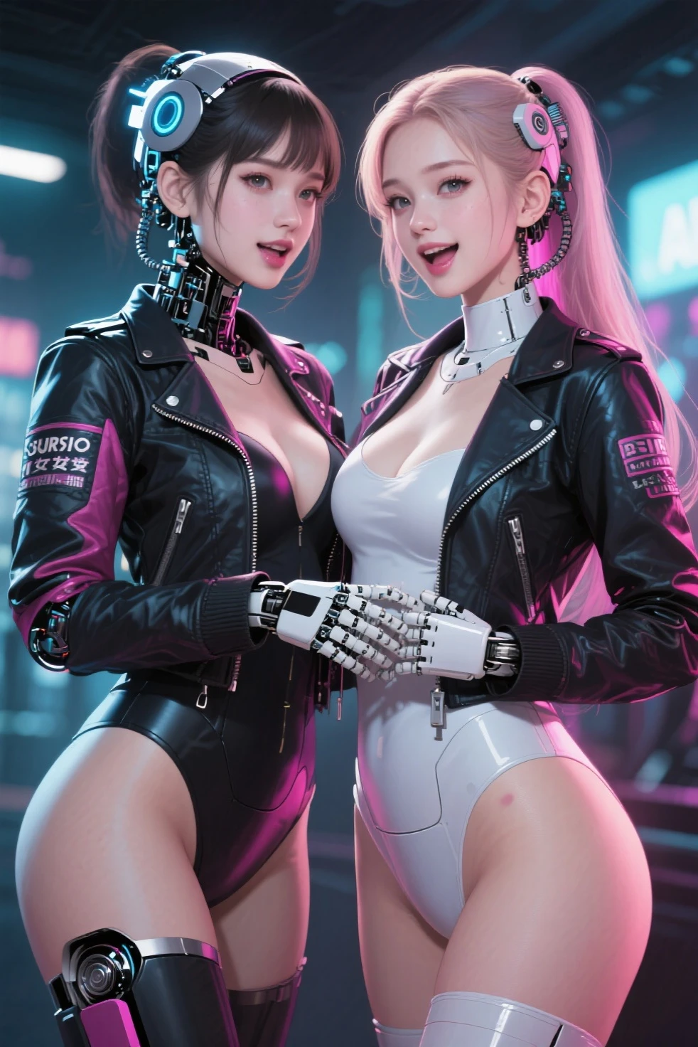 Duas garotas juntas de cabelo colorido em uma cidade neon estilo cyberpunk