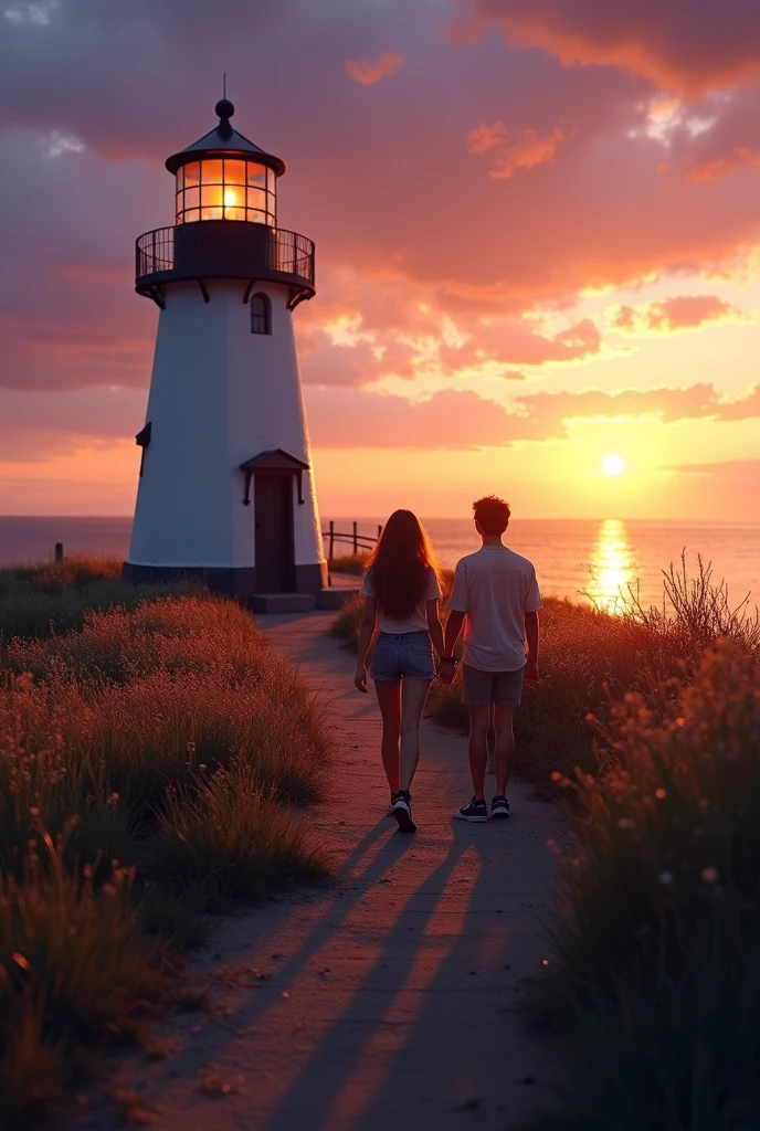 A loving couple standing in front of the lighthouse, watching the sunrise