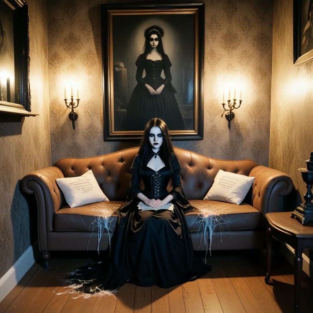 A transparent black ethereal specter with illuminated eyes playing a Victorian style harpsichord, in the Gothic style background you can glimpse some paintings with disturbing faces, above the harpsichord there is a skull with a black rose