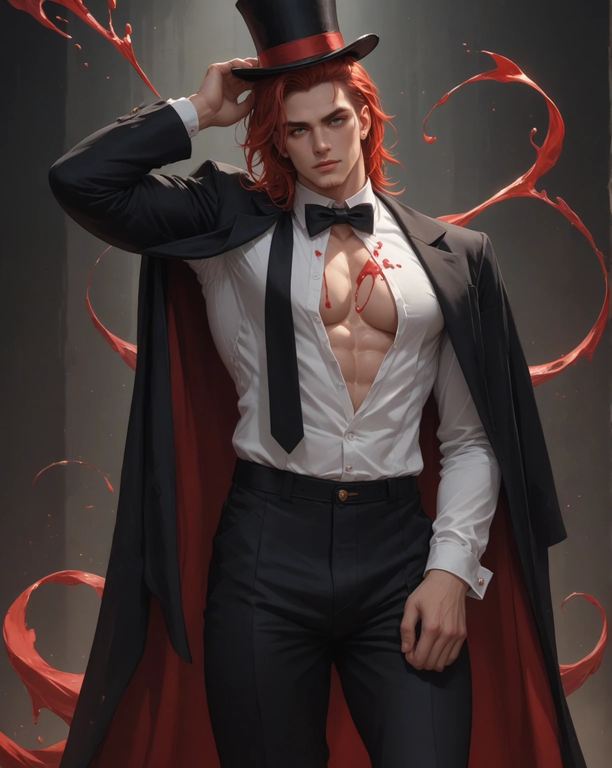 (8k,shipmentsrrealista shipments Maximum quality;1.4) (1 young boy) Super handsome king of the underworld (lifelike face) (long red hair with black tips, bright black and red floral hair) slenderbody Muscular and hairy and macho Bright red and black floral aristocratic costume with large red eyes bright black and red floral decoration Fangs peeking out of the mouth Pointed claws a seductive gaze Beautiful expression A hyper-realistic (King of the Underworld) appealing (real looking skin) super high resolution high détail Luxury Floral Trousers in Black and Red red and black aura emanating from the body effect without cover