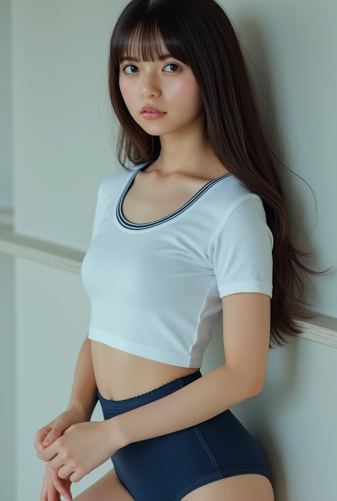 8k、High resolution、masterpiece、Realistic、In detail、Fine texture、Head-to-toe portrait、High Contrast、alone、high school girl、Cleavage:1.1,Natural body shape、White skin、Natural Makeup、Black Hair、bangs、Straight Long Hair、((School-designated gym clothes)),((The lower half of the body is a navy blue tight bloomer))、(((Spread your legs:1.4,Sexy thighs,Long legs)))、Big Tits:1.4、((The upper body is wearing gym clothes))、((School classroom))、Looking into the camera、、Full body photo、Focus on the groin、(Exposing thighs)、White shoes下、White shoes,nsfw