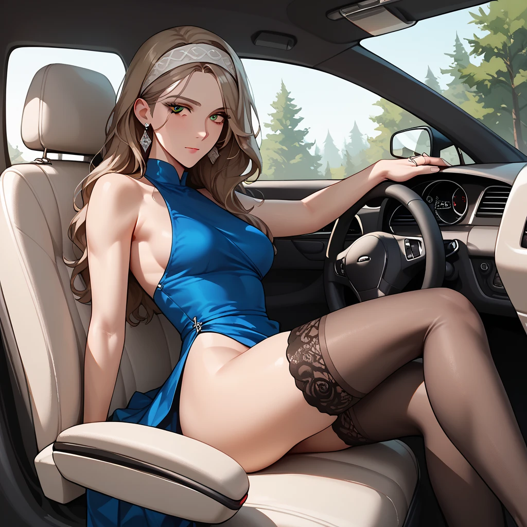 A mature lady holding a car on her head dressed in lingerie
