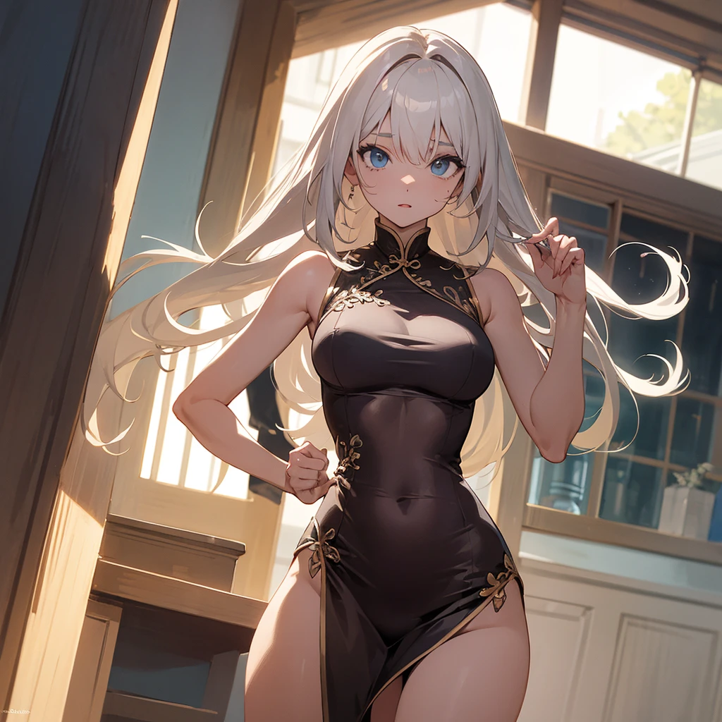 (Masterpiece, best quality, intricate details, 1sologirl) iron collar, arms behind back, iron cuffs, shackles, leather collar choker neck bell, bound ((standing by wooden pole:1.2)) ((female Black Dark skin Gyaru)) show entire body frontal position, feet in view, realistic, gorgeous 16y.o. darkest skinned mixed race female, black African, transparent black pantyhose, legs open, museum,barefoot no shoes, looking to viewer straight symmetrical, white silver long hair