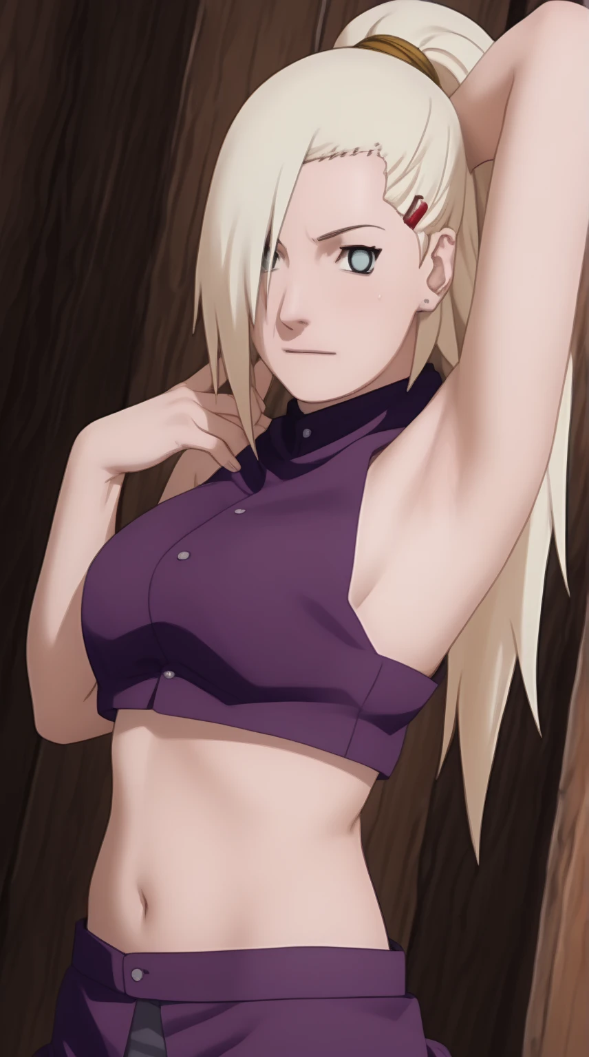 Tsunade, sports bra, detailed navel, strong woman, powerful muscles, confident expression, vibrant colors, dynamic lighting, realistic painting style, high resolution, ultra-detailed, HDR.