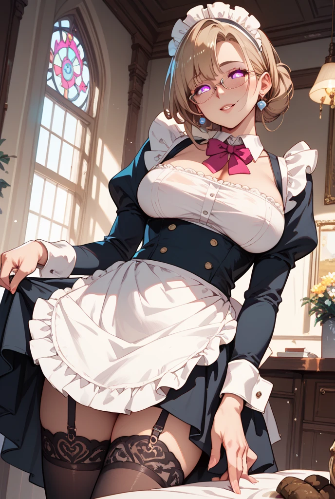 (Masterpiece), (8K resolution), (High definition), (Cinematography), (Calm lighting), Solo, 1 girl, ((Medium breasts: 1.2)), ((Hourglass figure: 1.4)), (Fair skin), (Blonde hair in a side ponytail hairstyle: 1.5), (Medium length hair: 1.3), (Glasses: 1.3), (Blue eyes: 1.2), (Black and White French Maid Dress: 1.4), (Pose: standing with one hand on her hip and a bright smile), ((Symmetrical eyes: 1.1)), (Ext