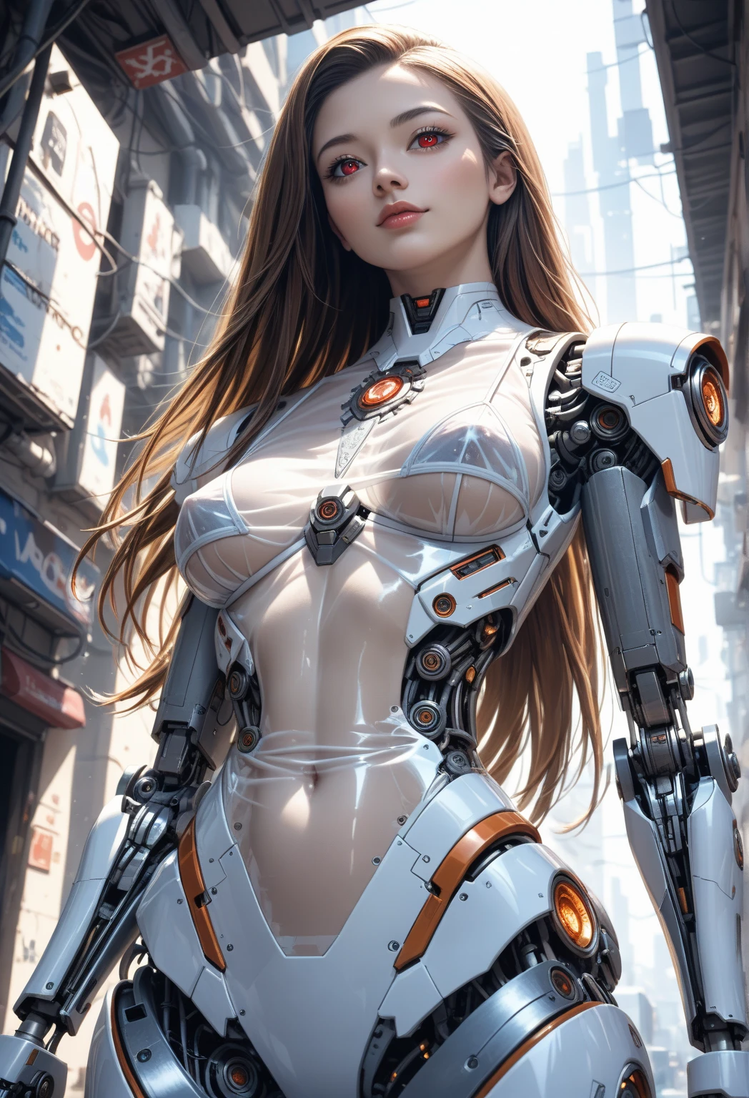 arte oficial, fondo de pantalla de unidad 8k, ultra detallado, Hermoso and aesthetic, Hermoso, obra maestra, mejor calidad, (zenEnredo, mandala, Enredo, enEnredo), chica,Traje blanco ajustado a la piel,cabello corto,Chrome robotic parts, ciberpunk lujoso, robot, Naves espaciales de lujo limpias, Science fiction