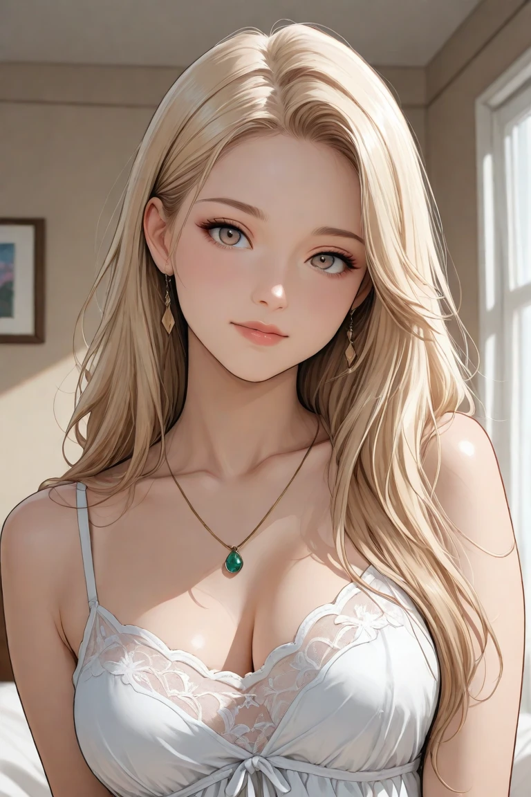 woman, photo of a stunning beautiful woman, 22 years old, perfect fit body, perfect medium breast, nude, big gray eyes, long blonde hair, green eyes, (realistic:1.3), finely detailed, quality, 