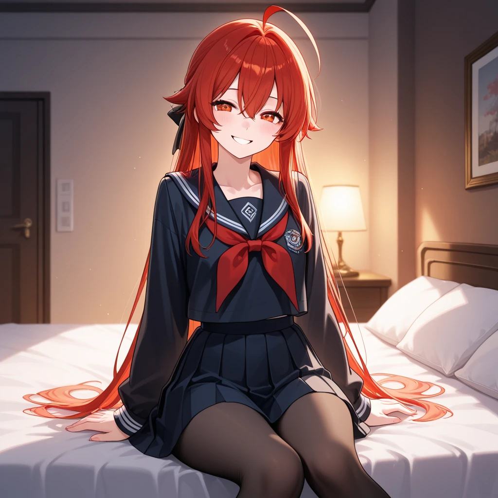 1 girl, best quality, ultra high res, long hair, red hair, green eyes, looking at viewers, small breast, standing, pov, slim body, loli body, small body, smile, open mouth, cherleader uniform, bike shorts, bedroom, white bed sheets,