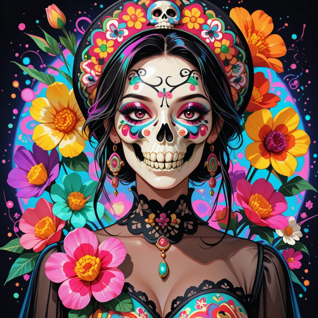 epoxy_skull, A skullish-pink and a flower in her hand, Precise hand, by Artgerm, photorrealistic, ultradetailed, intricate printed fabric style, trends on artstation hq. Geometric background, concept design, art painting, Most Beautiful Image Ever Created, realistic humor, 8k, half human face
