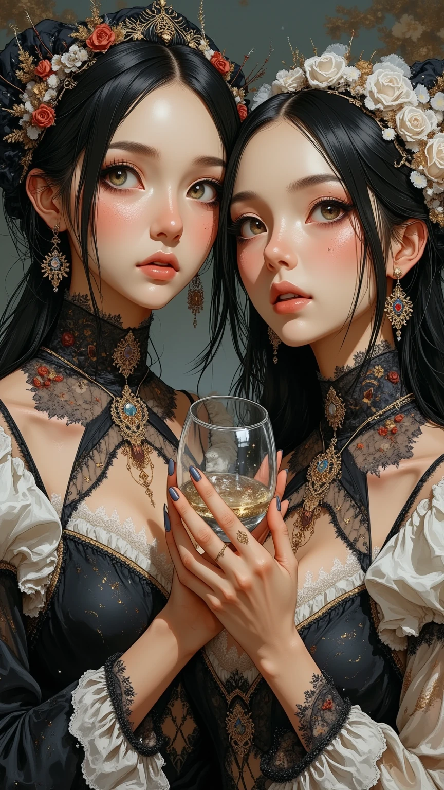 Reflected glass, two women with curious expressions, colorful and beautiful black and white dress, woman holding glass with both hands, the boundary between reality and the world, delicate texture, HDR,REALISTIC LIGHTING,Professional Level Detailed Description,high resolution,extremely realistic,traditional portrait style,oil paint texture