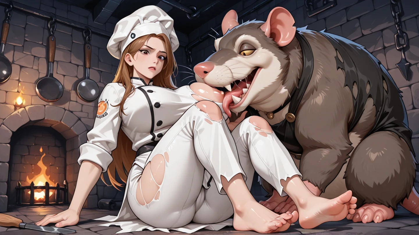 (hi res), ((masterpiece)) , ((best quality)),Solo, score_9,score_8_up,score_7_up, source_furry, Kat, Anthro furry feline girl, tall body, hourglass figure, adult female, blue eyes, silver fur, blonde hair with pony tail, (striped tail), white whiskers, pink nose, wearing simple blue long sleeve tunic, light brown fitted pants, barefoot, (feet paws), (4 toes), pink paw pads, foot focus, Her face was covered with tears,Have tears in her eyes，looking at viewers, looking uncomfortable, eyes half closed, outdoors, rainy day, spread feet apart, cute dainty feet，(The two feet paws are connected with chains between them),(there are many chains),The chains fastened her hands and feet paws ，(feet chains focus)，she is locked in a big cage, as a slave, she is chained, chained on neck and feet,(very dirty feet)，((bloody scars are only on her feet)),((no blood on her face )),(Fetters were placed on her feet)，(Fetters and feet focused)，got a popsicle in her mouth.Hands paws chained to the cage,