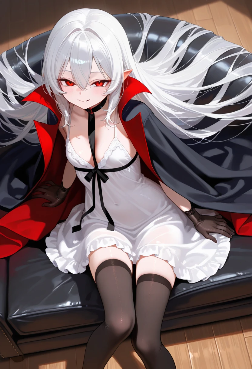 Nun wearing sexy lingerie, white hair, red eyes, The tongue sticks out slightly, Cross-eyed slightly raised, scissorhands