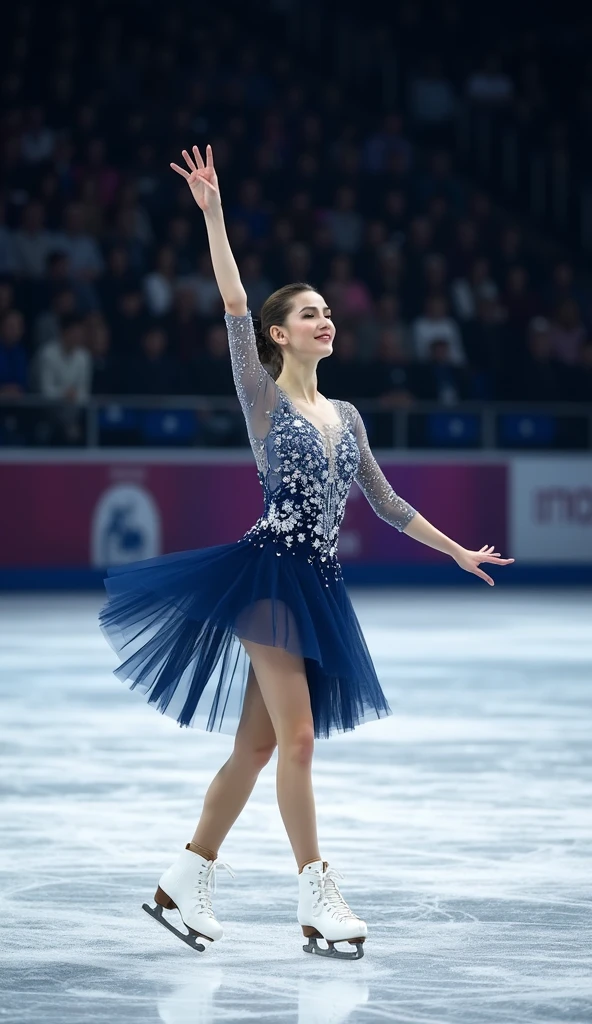 Olympic figure skater (18 years old, hair up tight, ice skates, small blue and gold outfit Olympic insignia), skating in a packed arena