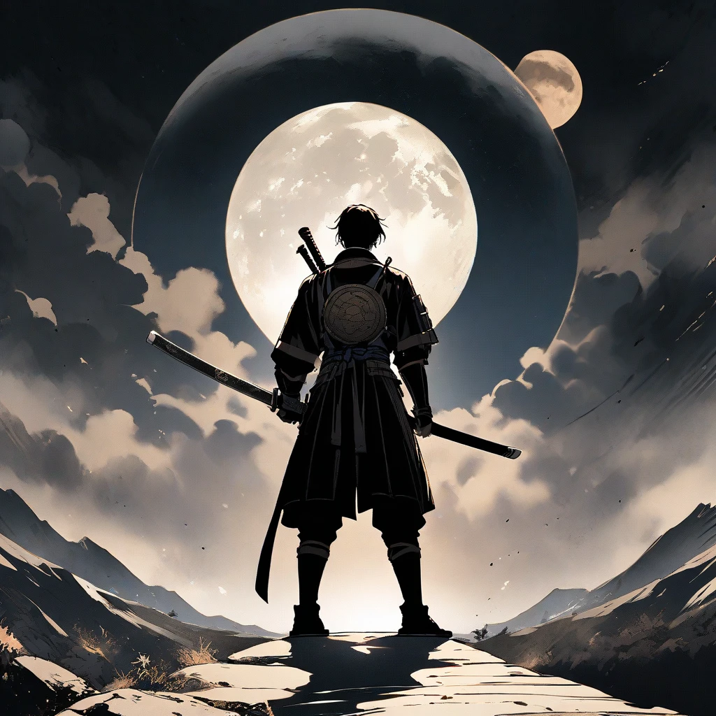 cinematic image, high quality, shadows and real lights, 8k, a samurai is dueling a wizard on the surface of the moon, lighting and fireballs flying around, with flying saucer that is hovering with mysterious lights, black hole