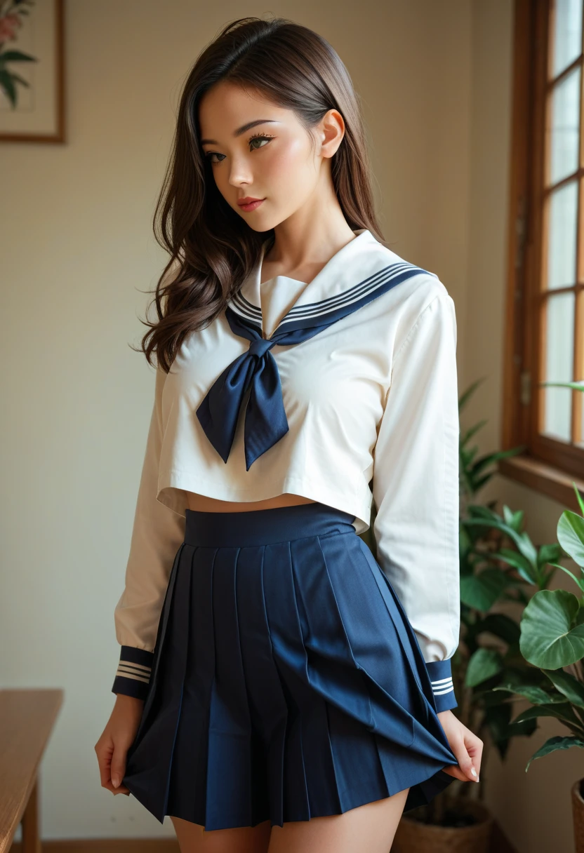 Japanese women　Black Hair　Long Hair　bed　In a sailor school uniform　Blindfolded and hands tied with rope　Bird View　(Full Body:1.4)
