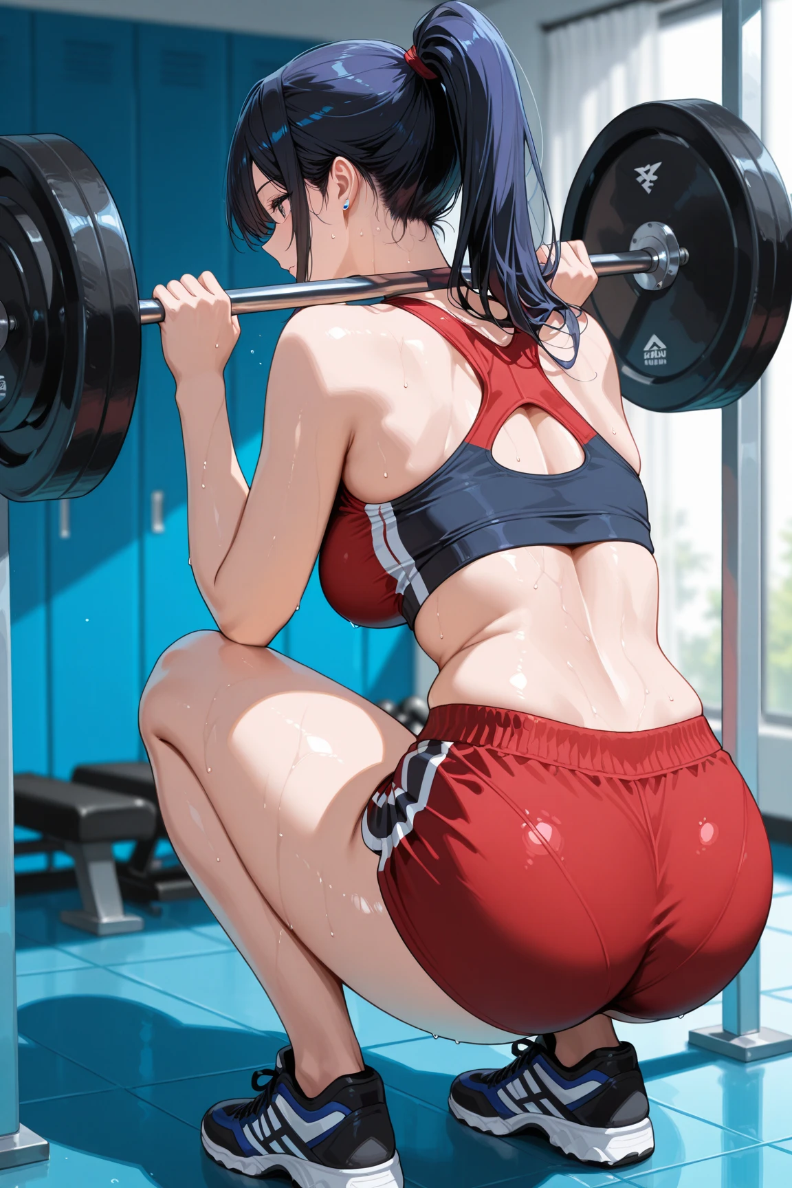 Erina_Prodigy, blonde hair, long hair, purple eyes, curvy, anatomically correct, heavy breathing, huge breasts, muscular female, breasts, cleavage, solo, pants, bare_shoulders, large_breasts, earrings, looking_at_viewer, bucket, dumbbell, wet, sweating, "Photorealistic, Hyperrealistic, Hyperdetailed, analog style, soft lighting, subsurface scattering, realistic, heavy shadow, masterpiece, best quality, ultra realistic, 8k, golden ratio, Intricate, High Detail, film photography, soft focus", (shaded face:1.2), hollow eyes, purple eyes, looking at viewer, (heavy breathing:1.2), tired, open mouth, steaming face, nsfw, nsfw art