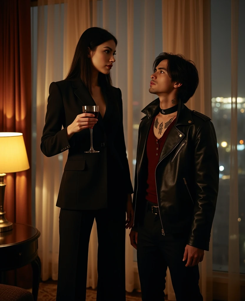2 men with beer in their hands and 2 different girls in the background in a dark villa with beautiful couches that looks very dark inside while having their clothes on, aperture f/2.8, photorealistic 1.4, nice 1.4, at night, rembrand light