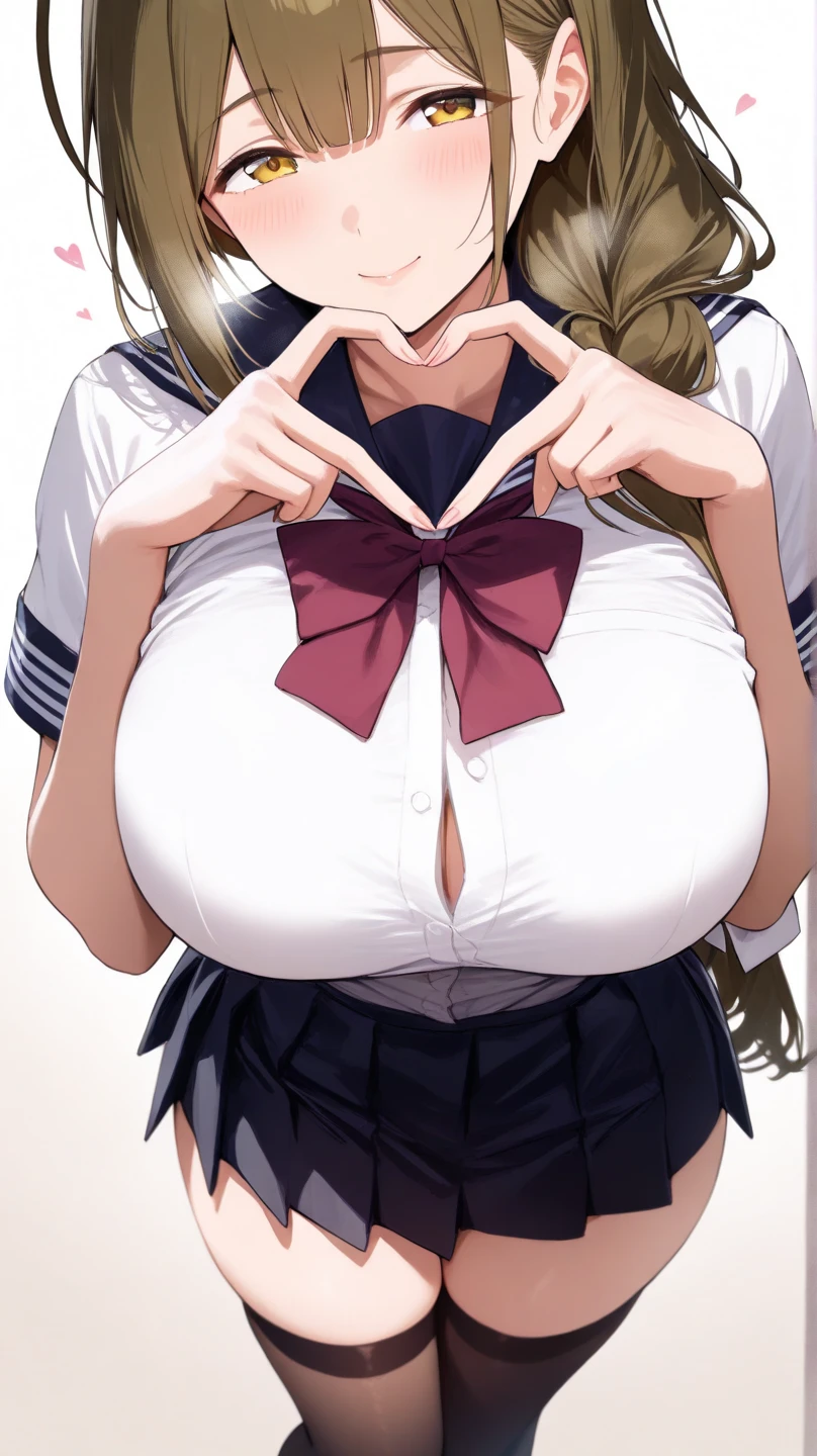 masterpiece, (Highest quality),One Girl, Blonde, Hair length, Side Ponytail, Purple eyes, Sweater vest, Swimwear, skirt, Giant ribbon, Hair Ribbon, Mole under the eye,Sexy Woman, Embarrassing,blush, Bright colors,Natural soft light,RTTX 10.0, (Detailed face:1.2), Showcase, (Perfect Eyes:1.1) ,(Photorealistic:1.1), 8K Ultra HD, Simple Background,(Cleavage:1.3),Very large bust ,(throw,Close-up shot:1.2),Sucking a man&#39;s penis,