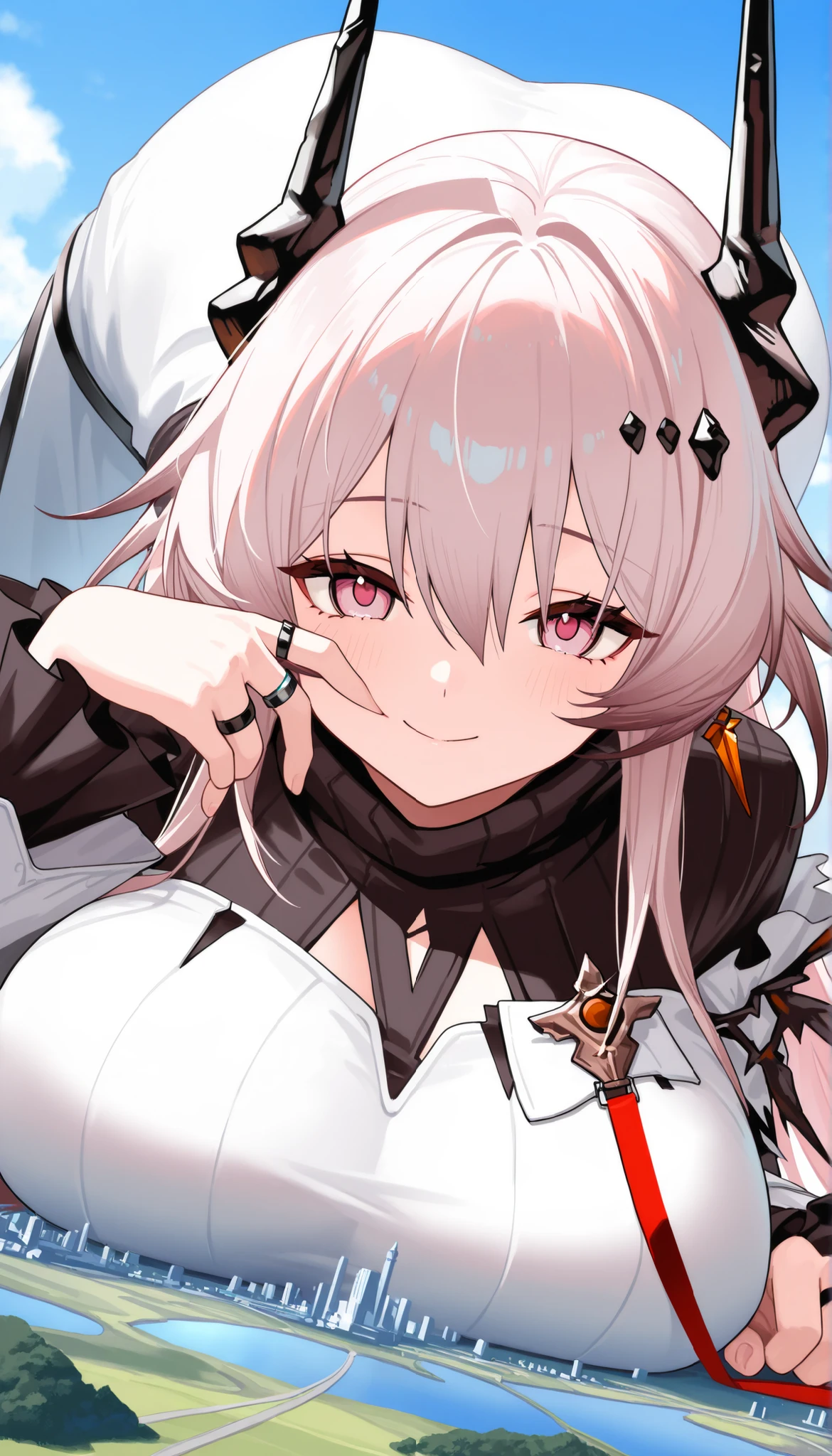 score_9, score_8_up, score_7_up, 1girl, breasts, closed_mouth, frilled_sleeves, frills, hand_up, horns, jewelry, long_hair, long_sleeves, looking_at_viewer, huge _breasts, pink_eyes, ring, smile, solo, theresa_\(arknights\), thumb_ring, two-tone_dress, very_long_hair, white_hair, highres, impact, giantess, microcity, Blue Sky, fullbody, big ass, breast press, lying down, Smile Yan, opening his mouth, Open your mouth, pov
