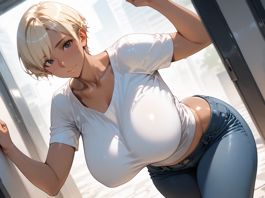 Android 18, ( upper body closeup shot ), ( Bokeh effect ), very seductive, seductive pose, smiling, cute, very cute, ultra high definition, masterpiece, ultra high quality, ultra detailing, 8k, in a see through shirt, see through hoodie, wet in rain, wet see through shirt, unbuttoned,(huge tits), cleavage , perfect clothes , (pov, closed shot:1.2), (full body)
