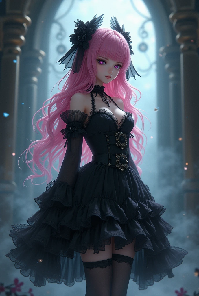 Insanely detailed photograph of a gorgeous vampire man, goth Renaissance, long voluminous white hair, intricate white eyes, fantastical, vampire, ethereal, hyperdetailed, 32k resolution, dynamic lighting, hyperdetailed, intricately detailed, trending on Artstation, triadic colors, volumetric lighting, BalenciagaStyle,Woman with Casual ,Duchess clothes, outfit with pink and delicate flowers, dress, medium breasts, pink hair with a cute hairstyle with a bow at the back,Light pink hair, elf ears, black and light pink dress, looking to the side,Elegant and beautiful dress
