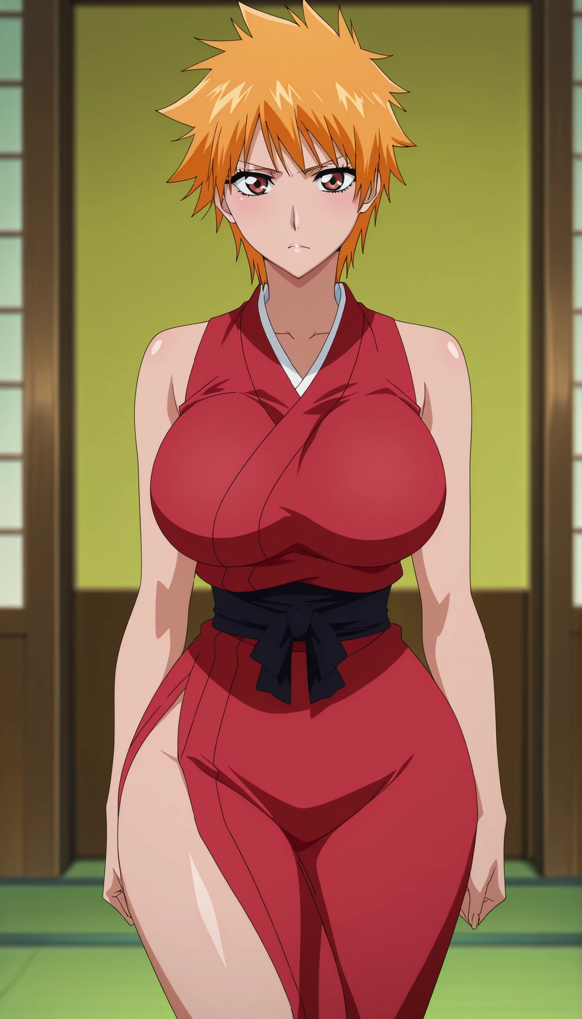 masterpiece, best quality, intricate details, anime screencap, anime coloring, official style, looking at viewer, depth of field, 1girl, solo, female focus, ichigo_kurosaki, 1girl, orange hair, brown eyes, short hair, spiked hair, japanese clothes, large breasts, wide curvy hips, thick thighs