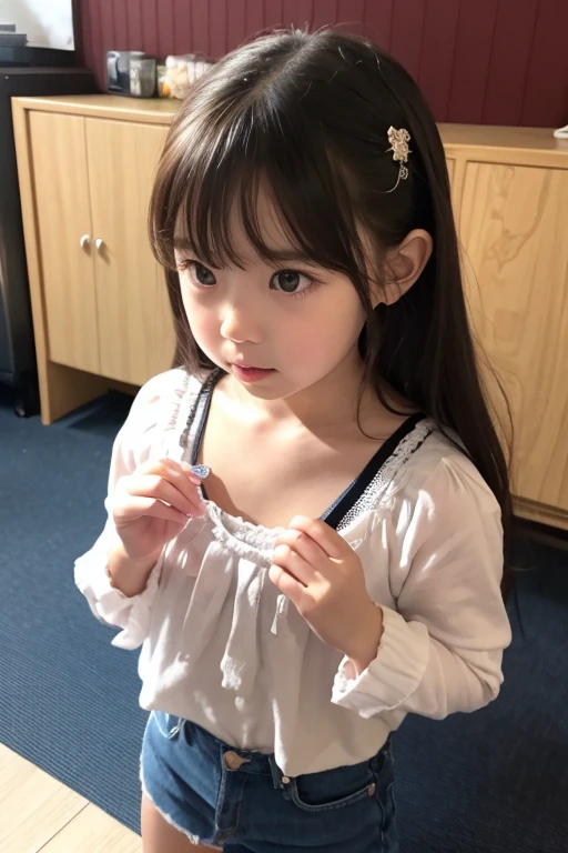 Japanese,Subjective、Beautiful girl at 6 years old:1.85,Baby Face:1.85、Ultra-flat chest:1.85、Ultra short height、M-shaped foot:1.85、Sleep on your back:1.85、An innocent smile,cute,Primary school students,フリルとリボンの付いたPrimary school students用ランジェリー:1.85、clavicle、Black Hair、Nipples are visible:1.85、On the crib:1.85、Childish、Missionary pose:1.85、Please spread your legs as far as possible