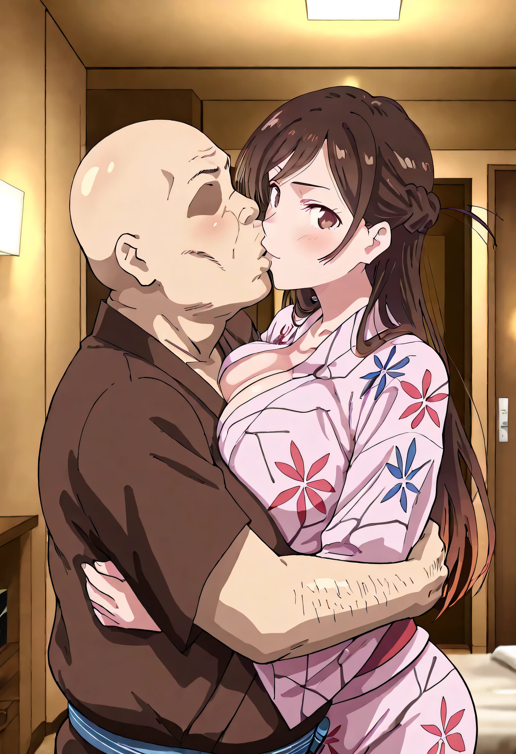 Art Style by Iwao178, ((master piece)) , (Kanojo Okarishimasu) , ((Mizuhara Chizuru)) , (brown hair) , (light brown eye) , (detailed art style) , (highly detailed) ,  looking at viewer, light smile,Mizuhara Chizuru, brown hair, light brown eye,yukata, pink simple yukata, panicked face, 1 man, bald man, faceless man, fat man,clothed man, hug, breasts to breasts, face to face, kissing, entrance of room, hotel room, from inside of room, standing