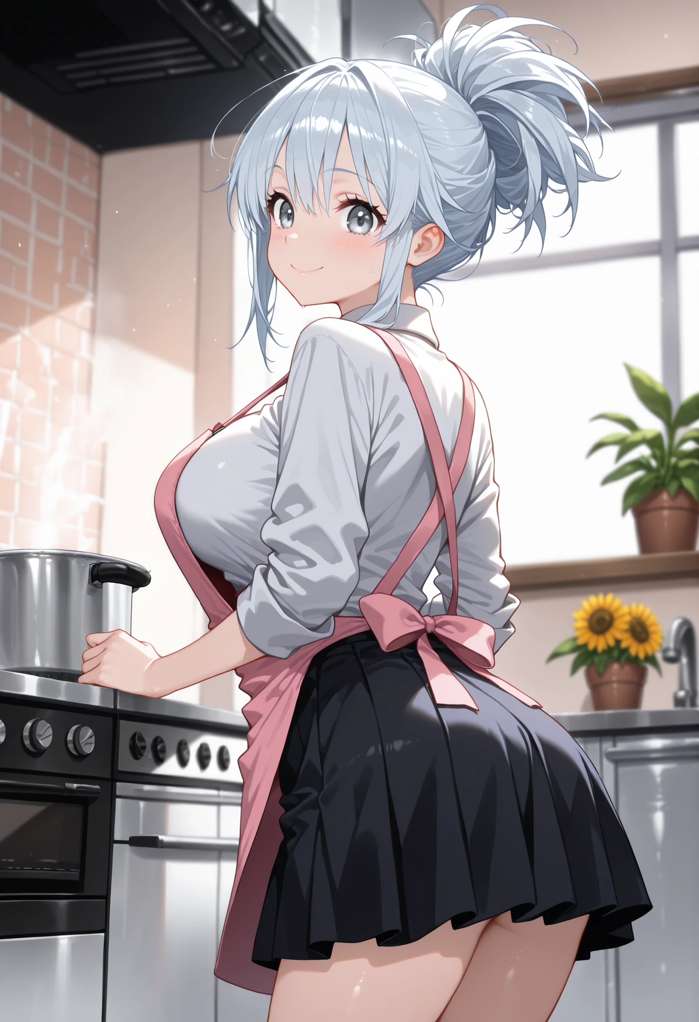 (anime artwork, anime style, studio anime, very detailed, up to date, vibrant, Anime Coloring, high contrast, masterpiece:1.2, best quality, best aesthetics),2 girl, Medium chest, A glimpse of thighs,random hair, One eye is hidden by the bangs, perfect proportions, high detail skin, Cute, detailed faces,kitchen, precise fingers,curvy, large breasts,cooking,apron on naked body,looking back