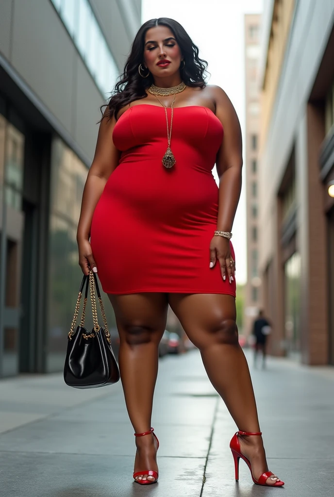 (melhor qualidade,4k,8k,alta resolução,masterpiece: 1,2), (obra prima), (girl negra caminhando pela rua, pele de ebano, BBW, 20 anos), cintura fina, (bunda enorme, Sagging Tits: 1,9), cabelo afro, caminhando , (bright red leather tube dress, botas vermelhas), sexy, sensual, hot, sorridente, (Sagging Tits: 1,9), decotes, bunda enormes. ((mesmo personagem, headpe, lado, costas)), (perfect hands), enquadramento afastado, (full body photo)
