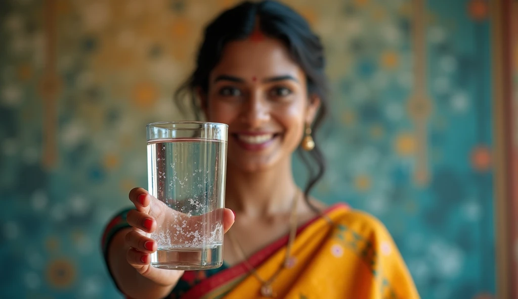 a girl holding a water glass