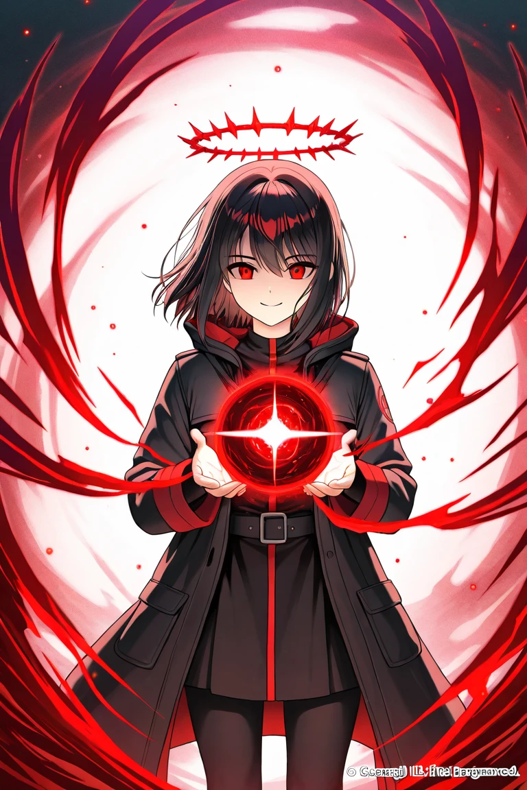 anime style diffusion, upper body, (face to the side 0.3), boy with messy brown hair bright red eyes, (open eyes 0.5), (serious face 0.1), black majestc cloak with red details, upper light, high contrast , 2D style, photoshop, cinematic