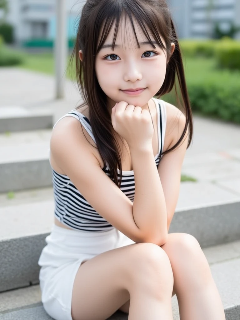 (high-definition CG unified 8K wallpapers)、(шедевр)、(Top image quality)、(ultra-definition)、(Best Illustration)、(The best shadow)、(Realism:1.4)、(PureFace_v1:0.5)、Real human skin、lensflare、Sunnyday、Back lighting、Many flowers、naturallight、Hard Focus、Deep Focus、((non-blur))、(gaze at the viewer)、Shot from a low position、Knee shot、女の子1人、(Younger than 12 years old)、独奏、Sunburned skin、Petite and thin girl、Beautiful fingers in every detail、Glossy ordinary nails、thin thigh、(Very young Japan beautiful girl)、small nostrils、A clean and healthy smile、(Smile)、Soft lips、pale cherry colored lips、(Bright eyebrows: 1.4)、shiny large black eyes、Chest flat、(Flat-chested: 1.4)、(medium or semi-long black hair,:1.1)、(Beautiful girl with cute loli face:1.6)、cute and big eyes、(The corners of the mouth rise:1.4)、((Raise your hand to show your beautiful armpits clearly))、Triangular sitting with open feet、facing front、lightly dressed、(1 light white camisole)、Skin shines through clothing、Clothes are soaked and see-through、lightly dressed、((light colored short spats that are thin and fairly tight:1.2))、Plump round face、Sky with beautiful details、Summer coast、(smile shy:1.8)、cheeks are reddened、Eyes for hollow details、Floating hair、large eyes that are symmetrical、Protrusions、hair clips、Rat trail section、Inside the thigh、Hamstring、No face makeup、No makeup、No shoulder-to-arm clothing、Cool colored outfits for summer、