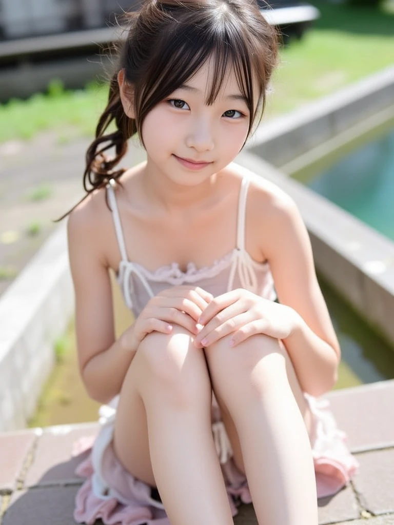 (high-definition CG unified 8K wallpapers)、(a masterpiece of)、(Top image quality)、(ultra-definition)、(Best Illustration)、(The best shadow)、(Realism:1.4)、(PureFace_v1:0.5)、Real human skin、lensflare、Sunnyday、Back lighting、Many flowers、natural lightting、Hard Focus、Deep Focus、((non-blur))、(gaze at the viewer)、Shot from a low position、Knee shot、女の子1人、(Younger than 12 years old)、独奏、Sunburned skin、Petite and thin girl、Beautiful fingers in every detail、Glossy ordinary nails、thighs thin、(Very young Japan beautiful girl)、small nostrils、A clean and healthy smile、(A smile)、Soft lips、pale cherry colored lips、(Bright eyebrows: 1.4)、shiny large black eyes、Chest flat、(Flat-chested: 1.4)、(medium or semi-long black hair,:1.1)、(Beautiful girl with cute loli face:1.6)、cute and big eyes、(The corners of the mouth rise:1.4)、((Raise your hand to show your beautiful armpits clearly))、Triangular sitting with open feet、facing front、lightly dressed、(1 light white camisole)、Skin shines through clothing、Clothes are soaked and see-through、lightly dressed、((light colored short spats that are thin and fairly tight:1.2))、Plump round face、Sky with beautiful details、Summer coast、(smile shy:1.8)、cheeks are reddened、Eyes for hollow details、Floating hair、large eyes that are symmetrical、Protrusions、hair clips、Rat trail section、Inside the thigh、Hamstring、No face makeup、No makeup、No shoulder-to-arm clothing、Cool colored outfits for summer、