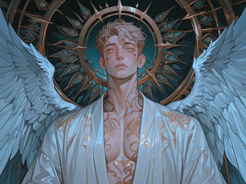 a man with salt and pepper hair, angel wing tattoos, letter A on the neck, detailed face, intricate tattoos, dramatic lighting, cinematic, dramatic expression, moody, dark, intense, photorealistic, masterpiece, 8k, hyper detailed, high quality, concept art, character design
