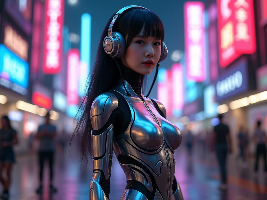 Top quality, masterpiece, ultra high resolution, (photorealistic: 1.4), raw photo, futuristic town perspective, futuristic skyscrapers, futuristic street corner, one girl, black hair, shiny skin, 1 Gundam girl, (((ultra-realistic details)), Sydmide style mecha design, portrait, global illumination, shadows, octane rendering, 8K, Ultra sharp, big, cleavage exposed raw skin, metal, intricate ornament details, headset, hydraulic cylinder, very intricate details, realistic light, CGSoation trend, purple eyes, glowing eyes, facing the camera, neon details, mechanical limbs, blood vessels connected to tubes, mechanical vertebrae attached to the back, mechanical cervical attachment to the neck, sitting, wires and cables connecting to the head, Gundam suit, cyberpunk, small LED lamps,