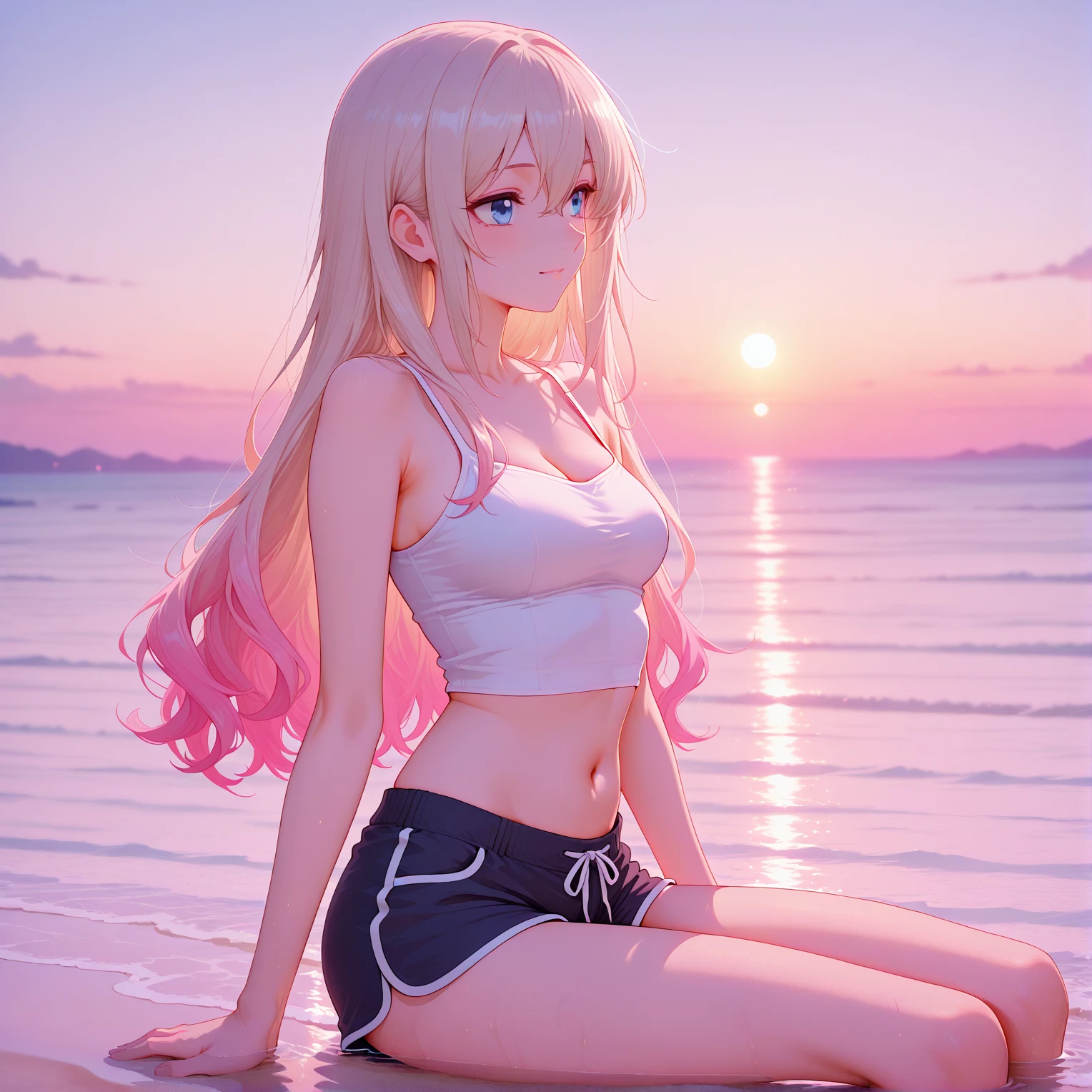 FULL BODYSHOT、an oil painting、​masterpiece、top-quality、hight resolution、a blond、length hair、White mini skirt、Red camisole、Small、Sweaty skin、shores、beach、blue-sky、Long and beautiful legs、Star Necklace、Narrow-eyed、Clear look、Red eyes、Red eyebrows、Slender eyes