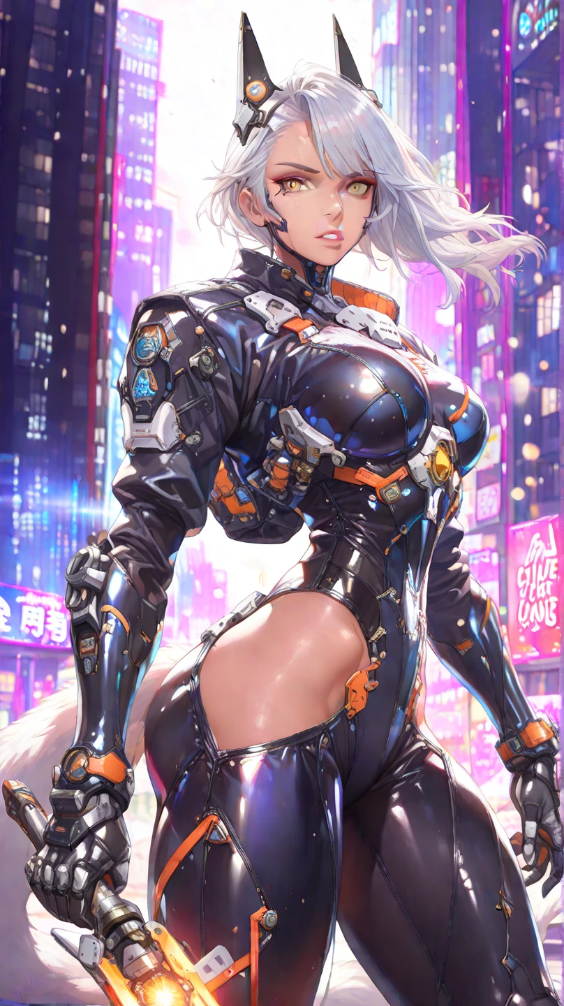 woman,14 years old,,city,night,(((white and blue tight miniskirt bodysuit))),,open mouth smile((See-through))glasses,((beautiful long ponytail)),((Baby girl body shape))((blonde))