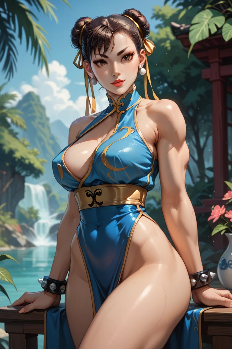 Thick muscular Chun-Li wears a usually blue qipao, an early-20th-century Chinese dress, with golden accents, puffy sleeves, and a white waistband, The dress is modified to allow a far wider range of movement than a generic qipao, highly detailed, extremely detailed, cinematic 
