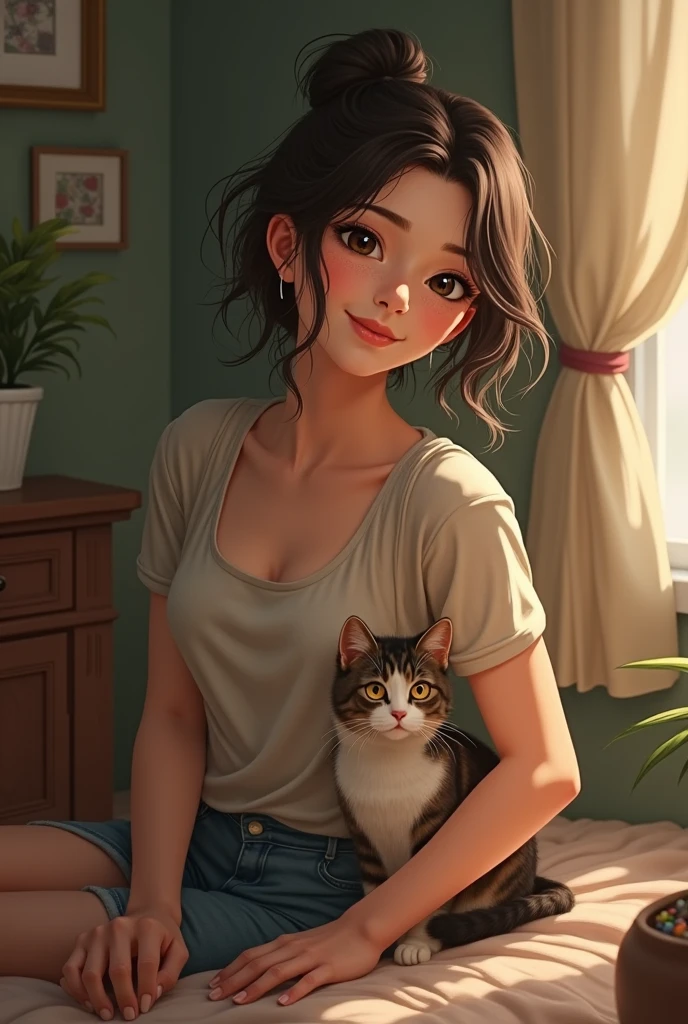 there is a woman laying on the floor with a cat, happy cat, very beautiful cute catgirl, ross tran and studio ghibli, adorable digital painting, realistic anime cat, smileeeeeee, smiling cat, anime cat, disney photo realistic, artgerm and atey ghailan, the cat is smiling, wlop and ross tran, rob rey, awesome cat --auto