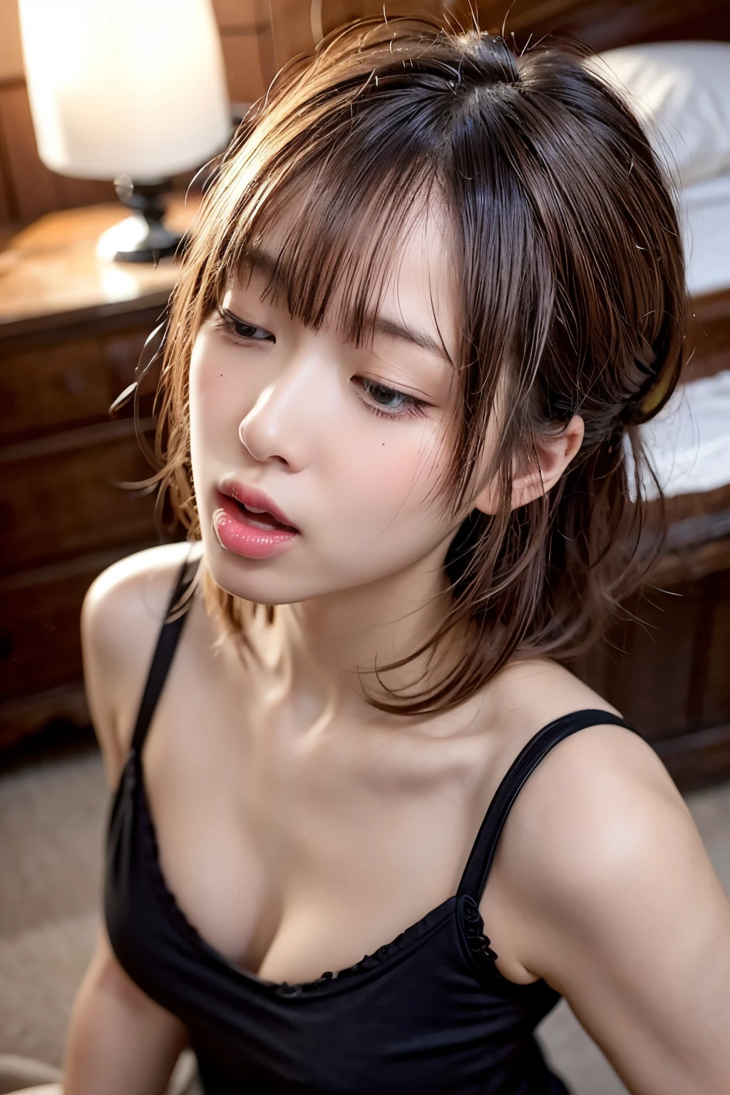 Beautiful Female,in a lavish bedroom, a young-adult lady, looking straight up, with mouth very wide open, troubled face, closed eyes, teary-eyed, licking, stick own fingers deep in own mouth, drops of drool dripping from the mouth, moist and wet around the mouth, undressed, wearing nothing, close-up shooting from a high position directly above, face is soaked with sweat a lot, wavy short length hair, pale yellow and pale red hair, pompadour hairstyle, twisted bangs, hair is shaggy and dishevelled, glamorous figure, chubby, small breasts, flat chest, beautiful sunburned skin, much exposed skin, no makeup, adult iness, alluring, {realistic}, {photogenic}, {cinematic lighting}, {vibrant colors}, {hyperdetailed}